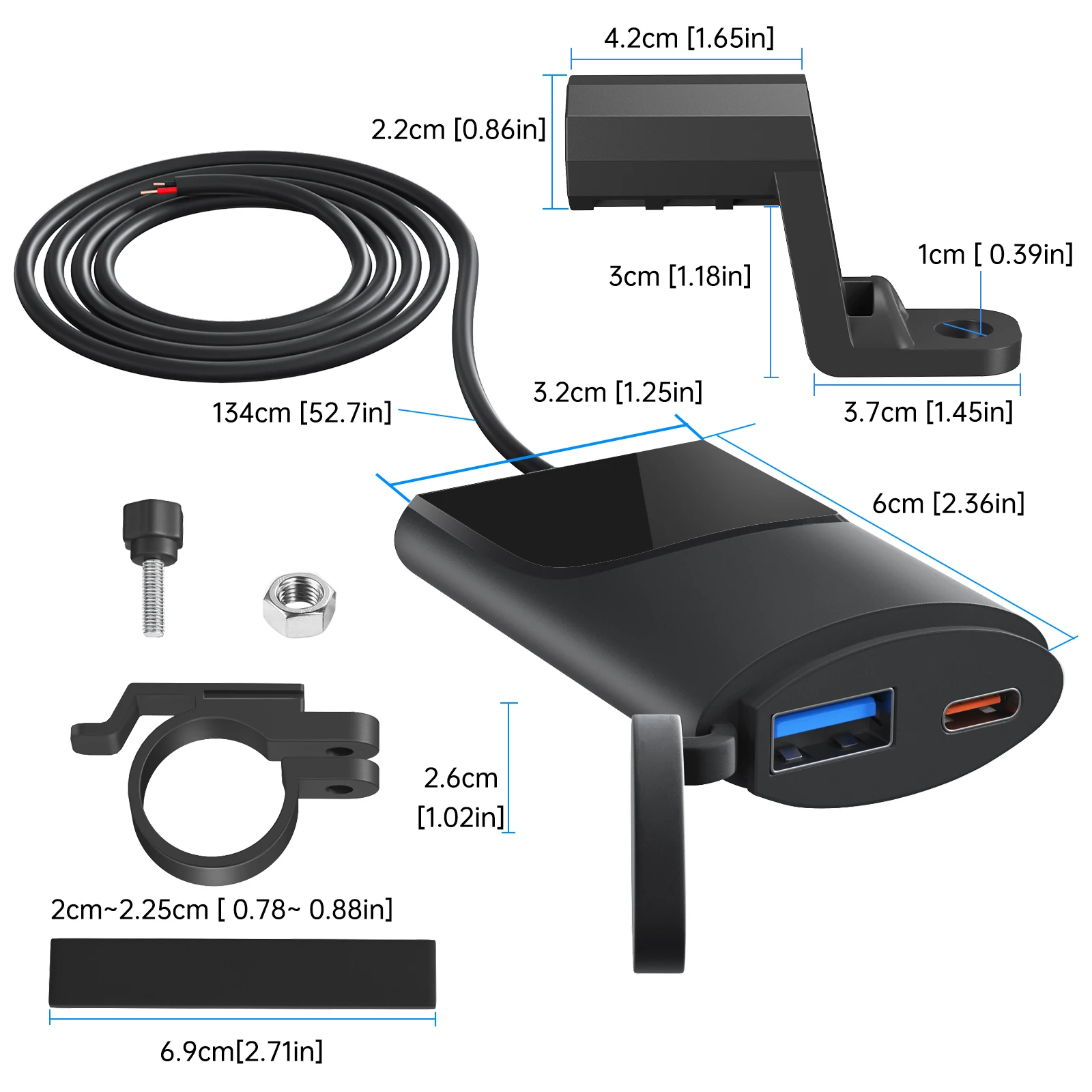 오토바이 충전기 30W USB-C QC3.0 충전기, IP67 방수 핸들 바 장착 브래킷, 디지털 카메라 휴대폰 충전기