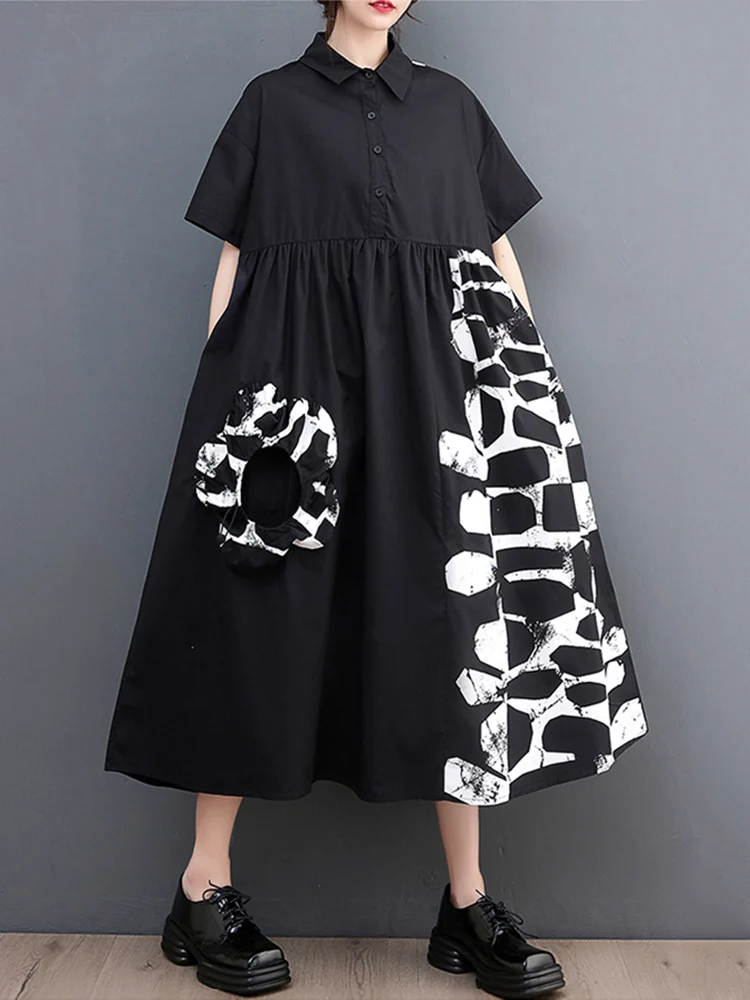 2023 Spring Summer New Short Sleeve Black Vintage Print Shirt Dresses For Women Loose Casual