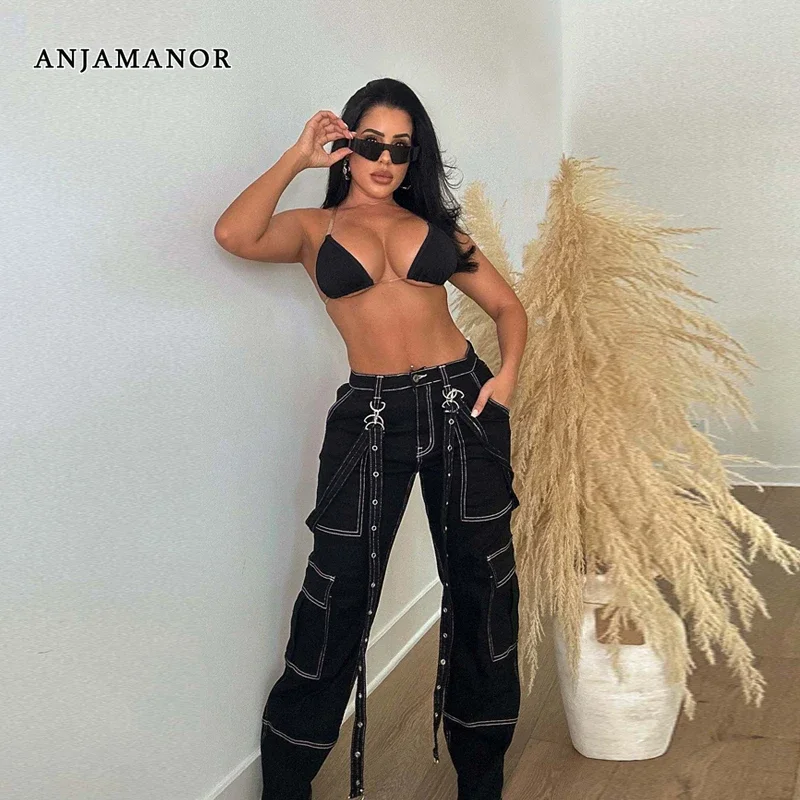 

ANJAMANOR Fashion Baggy Jeans Cargo Pants Women Bottom Streetwear Vintage Clothing Black Blue Denim Trousers Fall 2023 D29-GC83