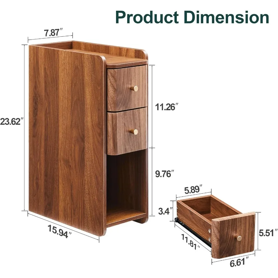 Narrow Nightstand Set of 2 Wooden Small 2 Drawer Nightstand Slim Side End Table Skinny Bedside Table Mid Century Modern Night S