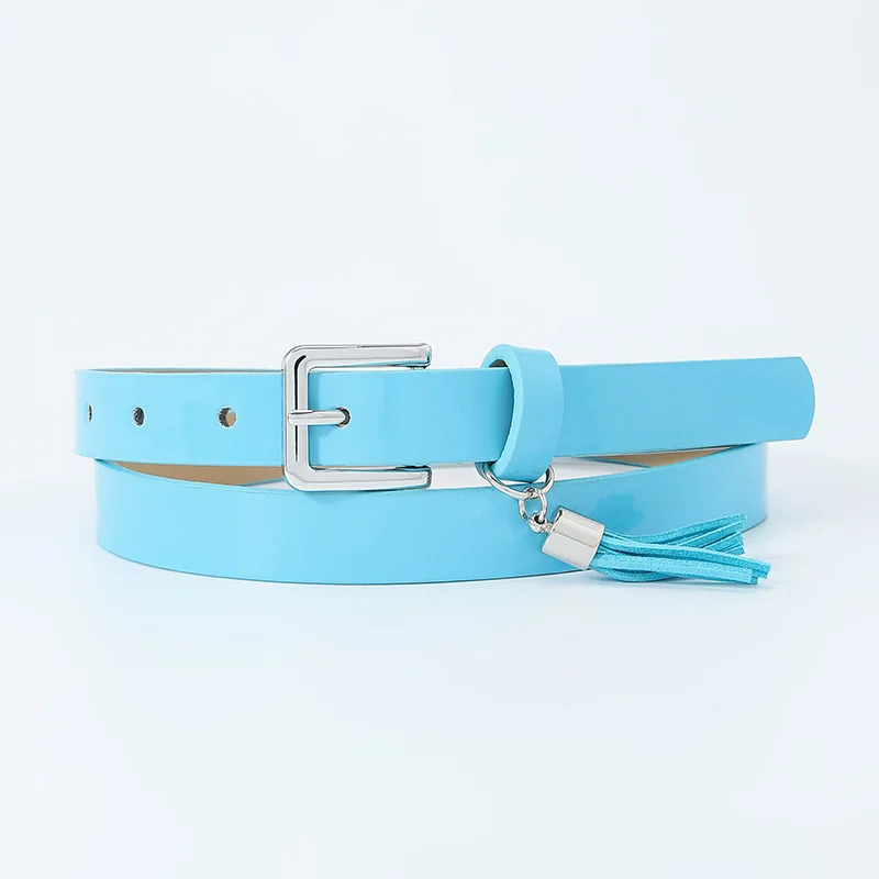 

2023 Summer Japanese Fresh Tassel Decorative Candy Color Women's Thin Belt Fashion Pu Patent Leather Pin Buckle Narrow Belts