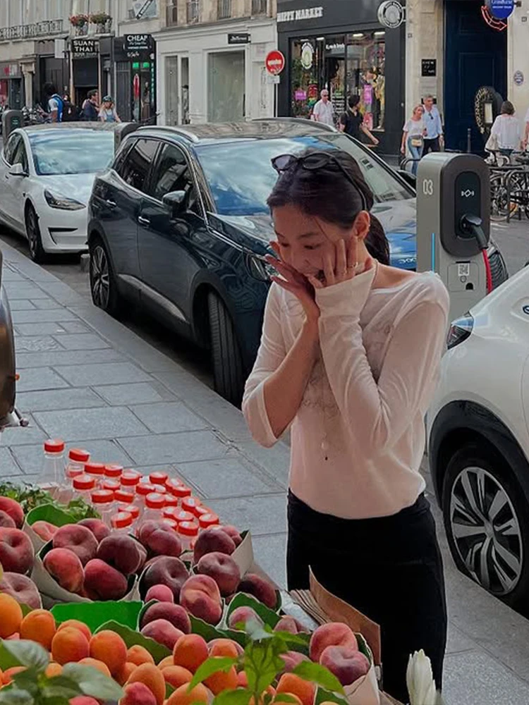 Nibber Casual Letter Print t-Shirts Women Long Sleeve See Through Wide Neck Skinny Autumn New Trend Street Simple Classic Tops