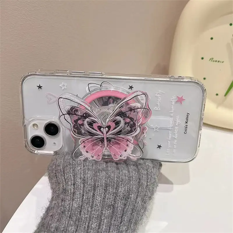 Korean Cute Pink Butterfly Magnetic Holder Phone Stand GripTok Grip Tok Support For iPhone For Magsafe Accessories Phone Holder - Image 6