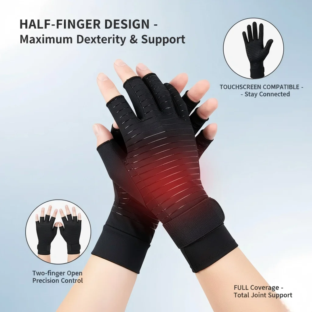Fingerless Arthritis Relief Gloves - Compression Hand Support & Wrist Brace