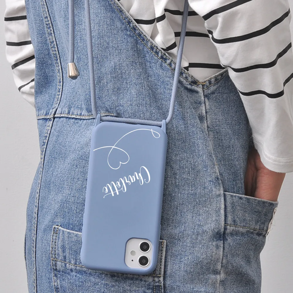 

Custom Name for iPhone 13 Pro Max 11 7 8 Plus X XR XS 10 Case Soft Silicone Case With Strap Rope 12 Pro Cover SE 2020 Funda DIY