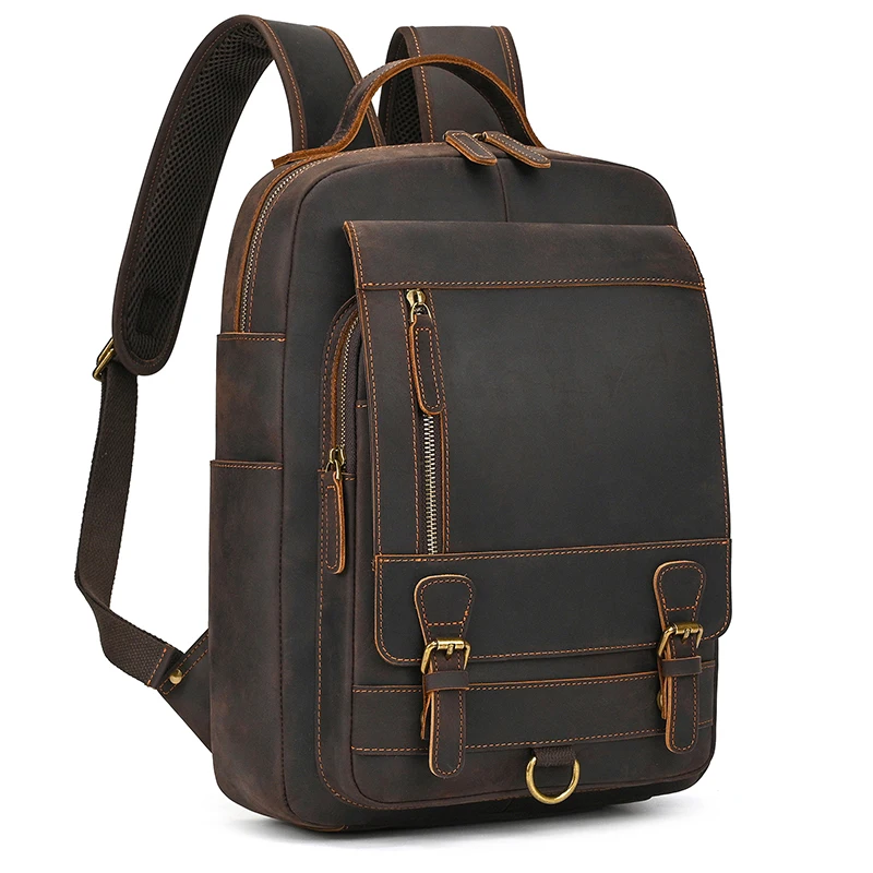 Crazy Horse Leather Backpack Men Brown Unisex Cow Leather 14" Laptop Rucksack Vintage Real Leather School Bag Durable Travel Bag 2