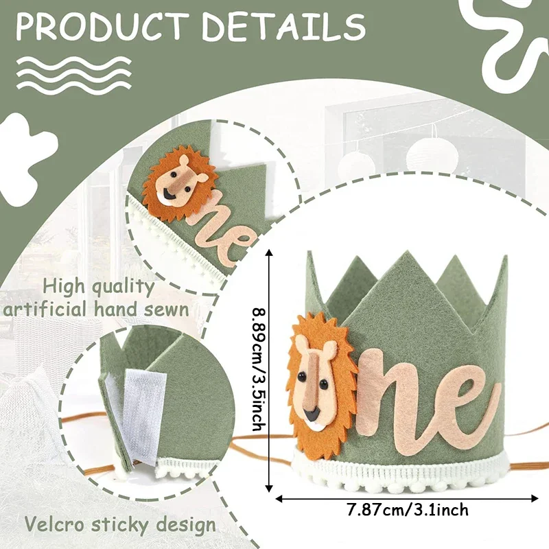 Baby Lion Felt Crown Hats Birthday Party for Kids Birthday Hat 1 Year Animal Jungle Party Baby Shower Birthday Photo Props