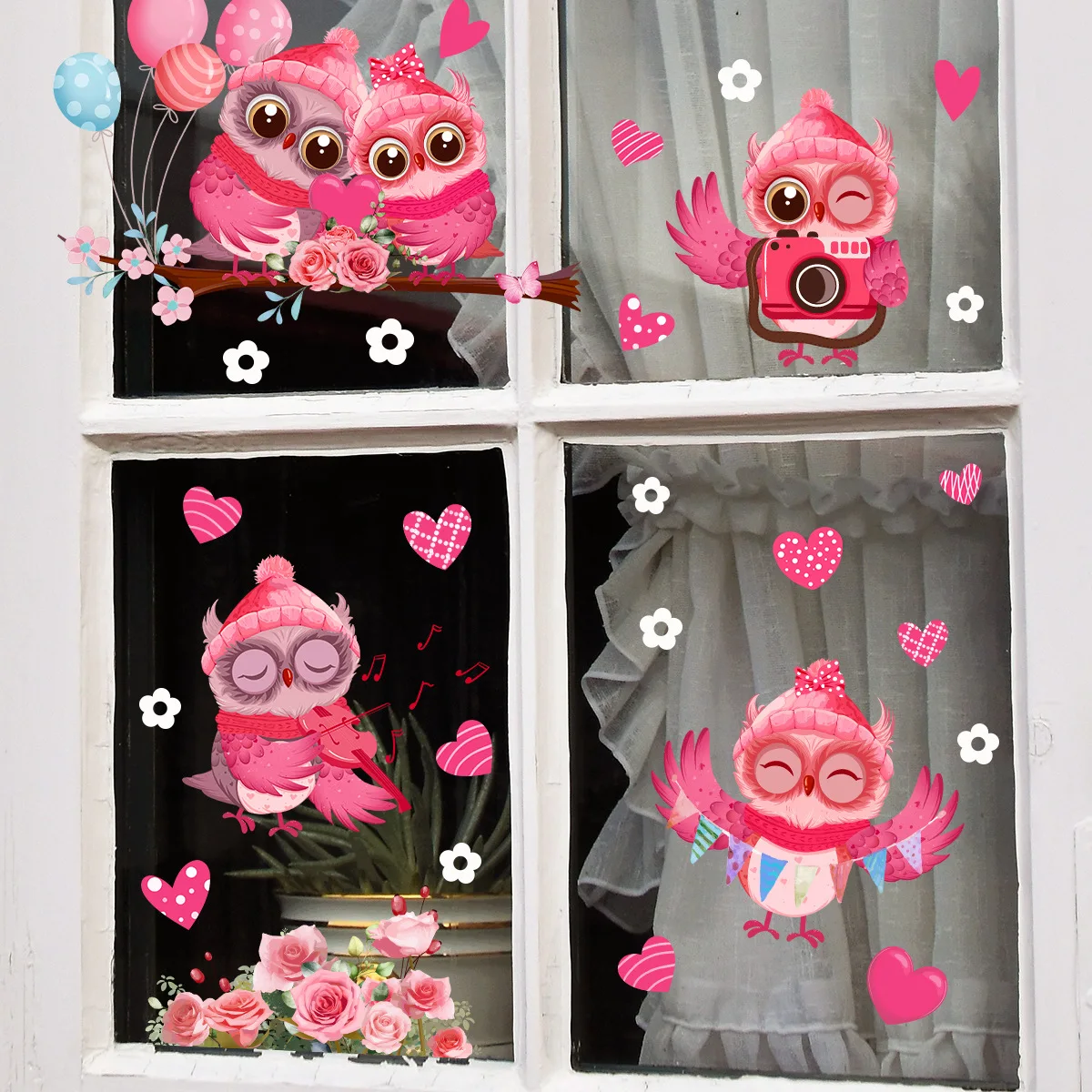 3pcs Valentine's Day Red Pink Owl Electrostatic Sticker Double Sided Visual Glass Window Home Holiday Decorative Wall Sticker 3pcs castle bat skeleton halloween wall sticker glass sticker window sticker double sided visual decal decor horror wall sticker