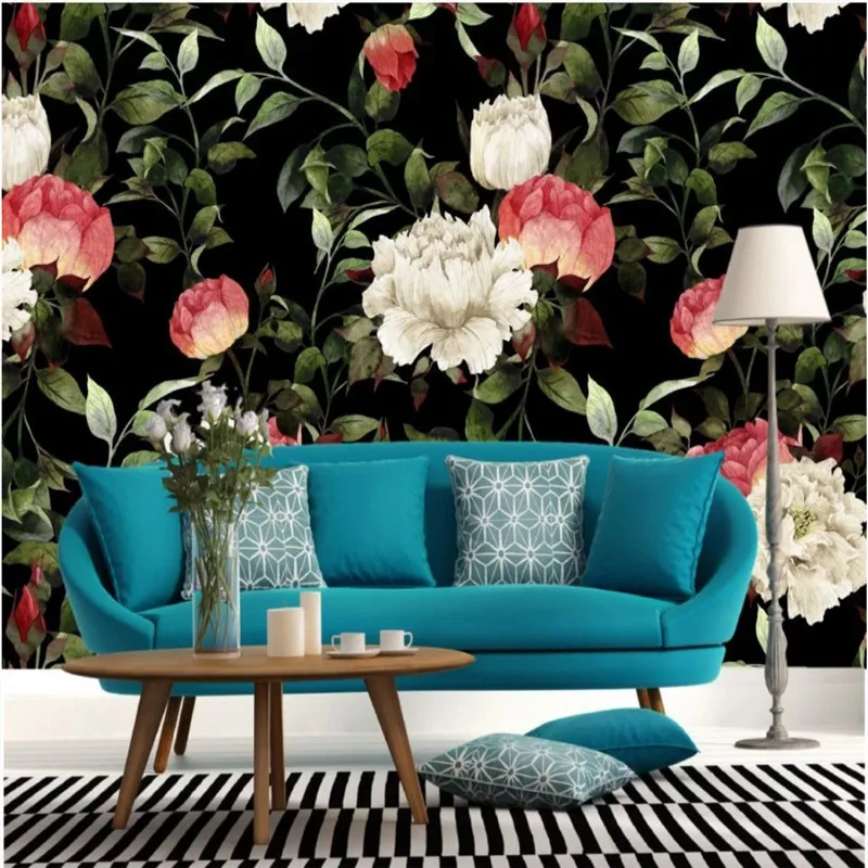 

HD Hand Painted Watercolor Black Bottom Red White Peony Flower Mural European Pastoral Wallpapers for Living Room Walls 3D