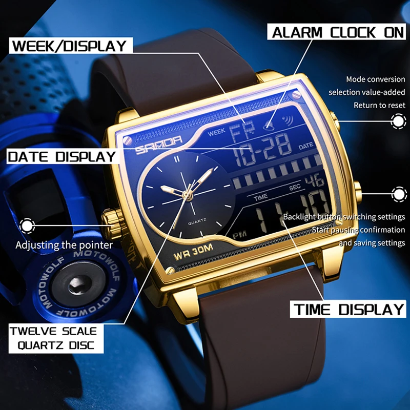 Sanda Brand Luxury Men's Quartz Digital Watches Fashion Square Wristwatch Men Countdown Sports Waterproof Double Display Watch, Alina Gadgets
