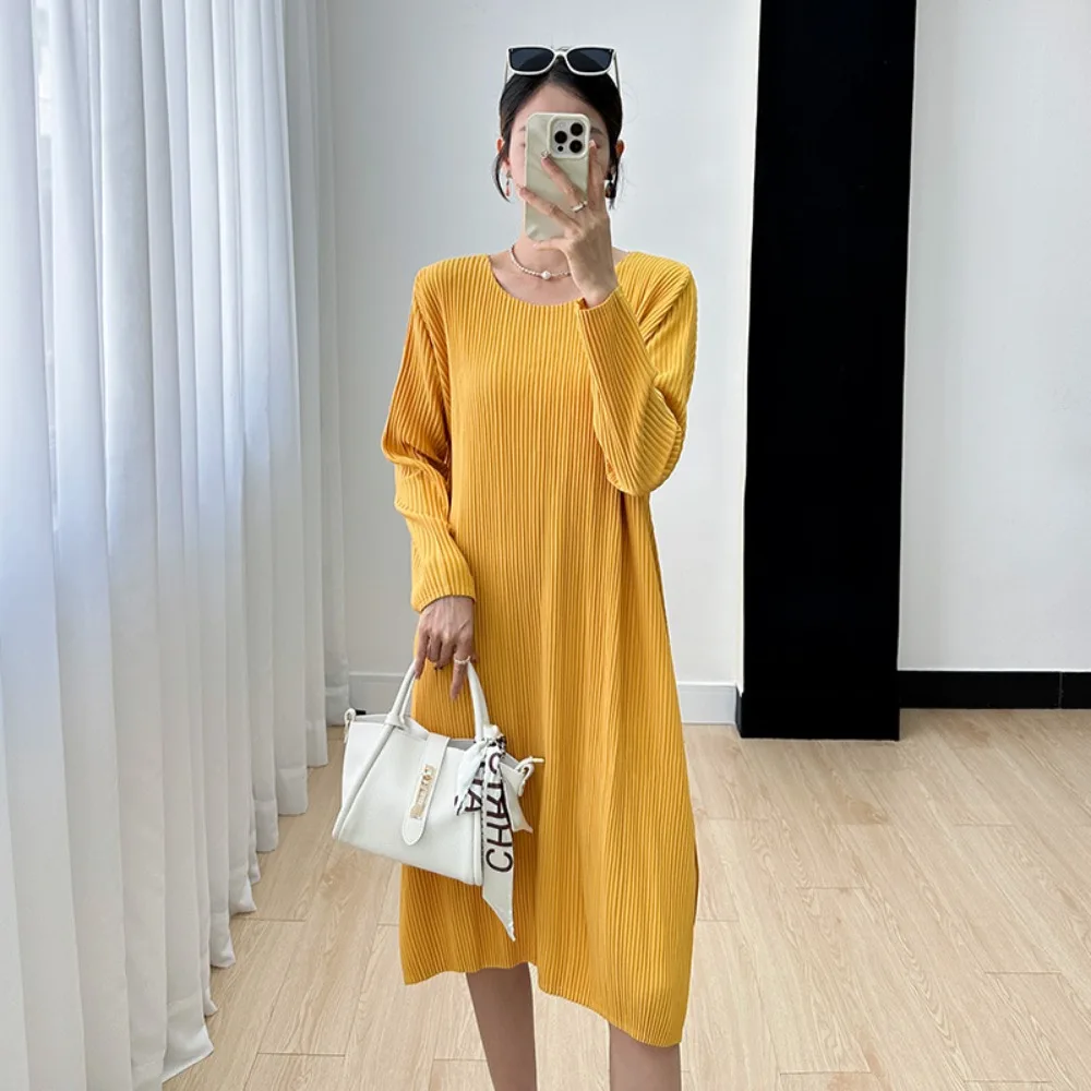 

Женское однотонное платье миаке с разрезом, новая модная простая однотонная яркая повседневная длинная юбка с длинными рукавами для поездок на осень