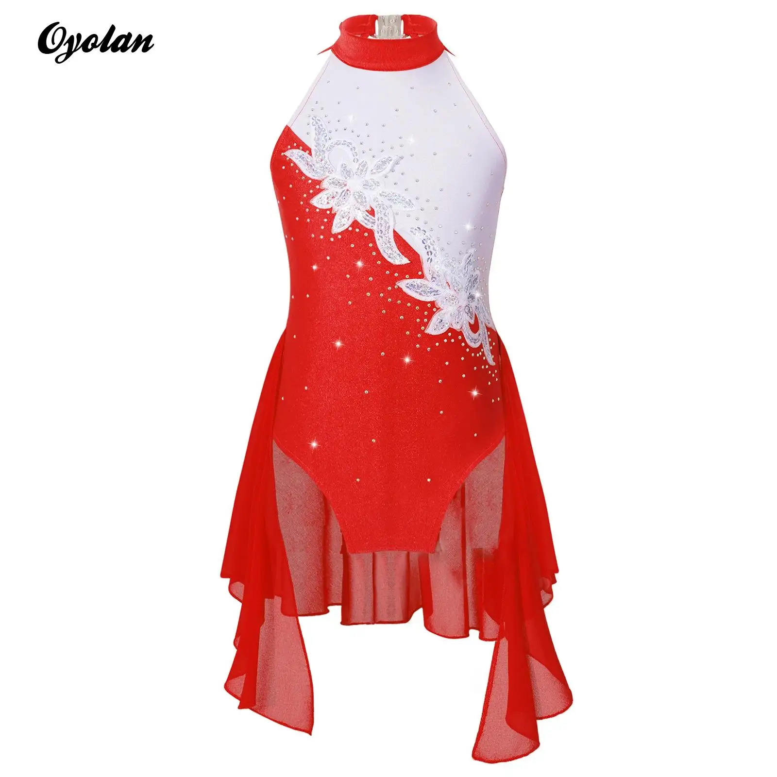 

Kids Girls Ballet Lyrical Dance Dress Ballerina Tutu Costume Shiny Rhinestone Sequin Floral Figure Skating Skirt Jumpsuit