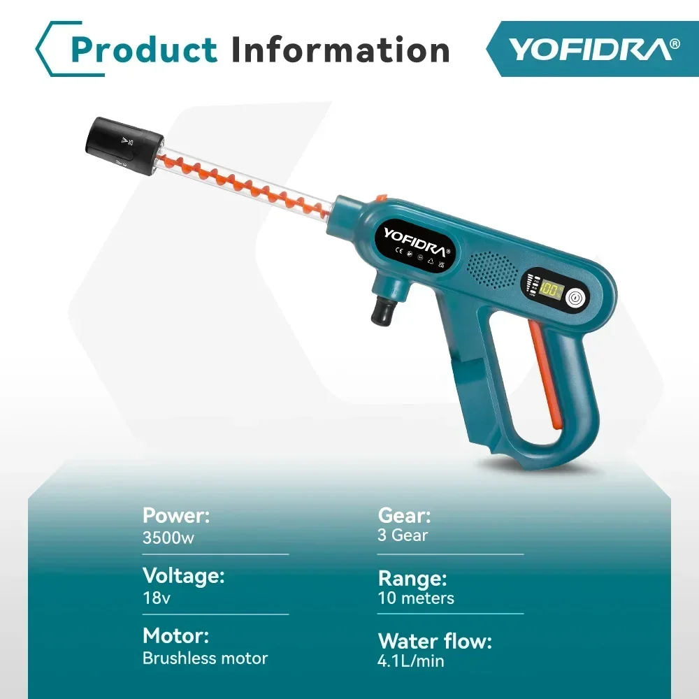 YOFIDRA 250Bar Brushless Electric High Pressure Washer Gun 3 Gear Power Home Car Washing Water Spray Gun for Makita 18V Battery 5