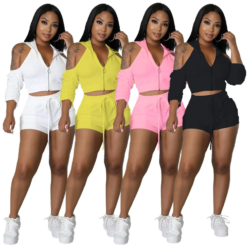 

Casual Women Tracksuit Biker Two Piece Set Hoodede Zipper Coat + Short Pants Sportsuit Clothes For Women Outfit