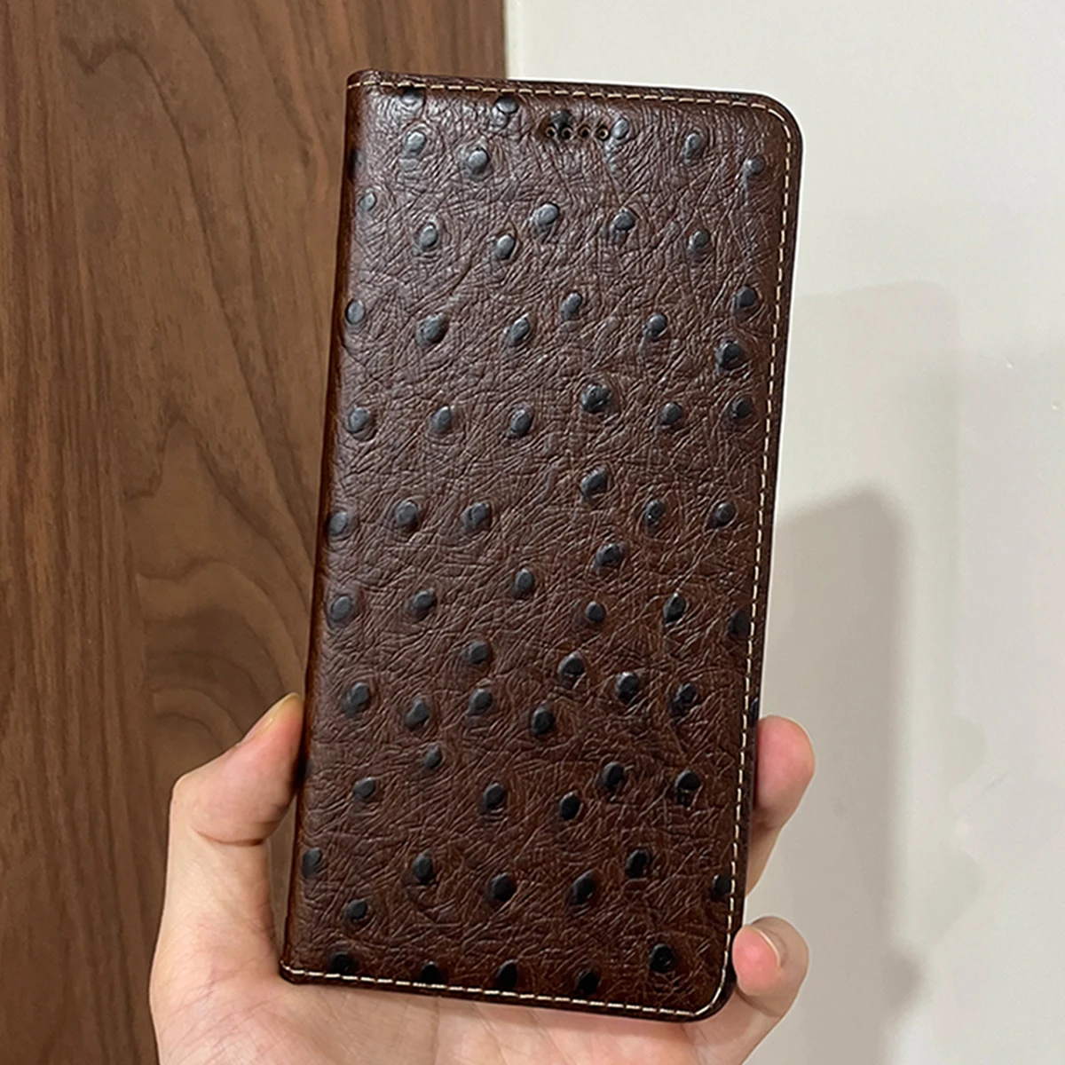 Genuine Ostrich Leather Cover Flip Book Wallet Style