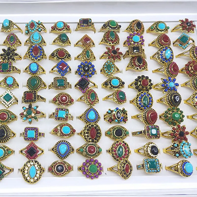 Vintage Antique Gold Plated Rings for Women 10Pcs Mix Style Colorful Stone Beads Finger Rings Party Jewelry Gift