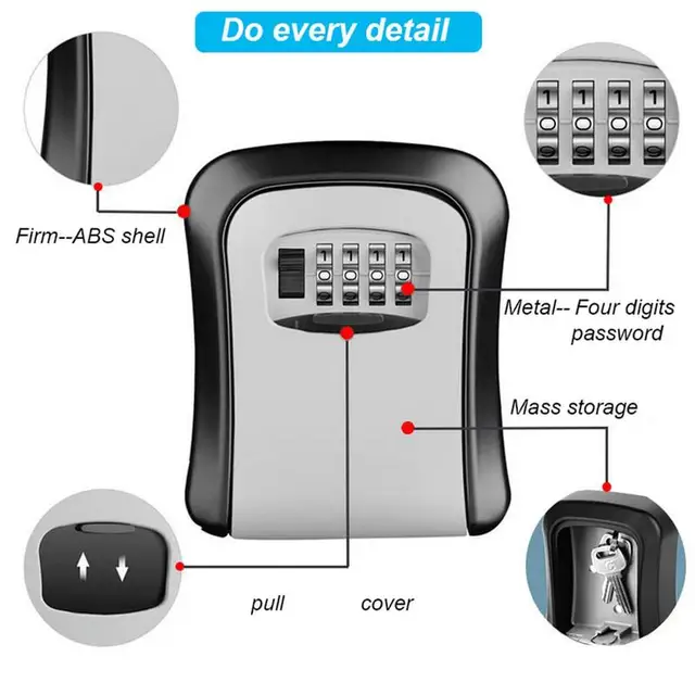 Wall-mounted Key Lock Box Waterproof Aluminum 4 Digit Combination Password Key Organizer Outdoor Key Safe Lock Box 5