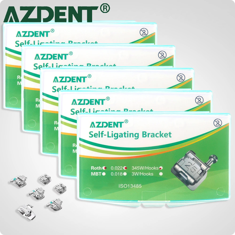 5Packs AZDENT Dental Self-ligating Brackets Dentistry Metal Orthodontic Braces with 1st Molar Buccal Tubes Roth/MBT 0.022 Hooks