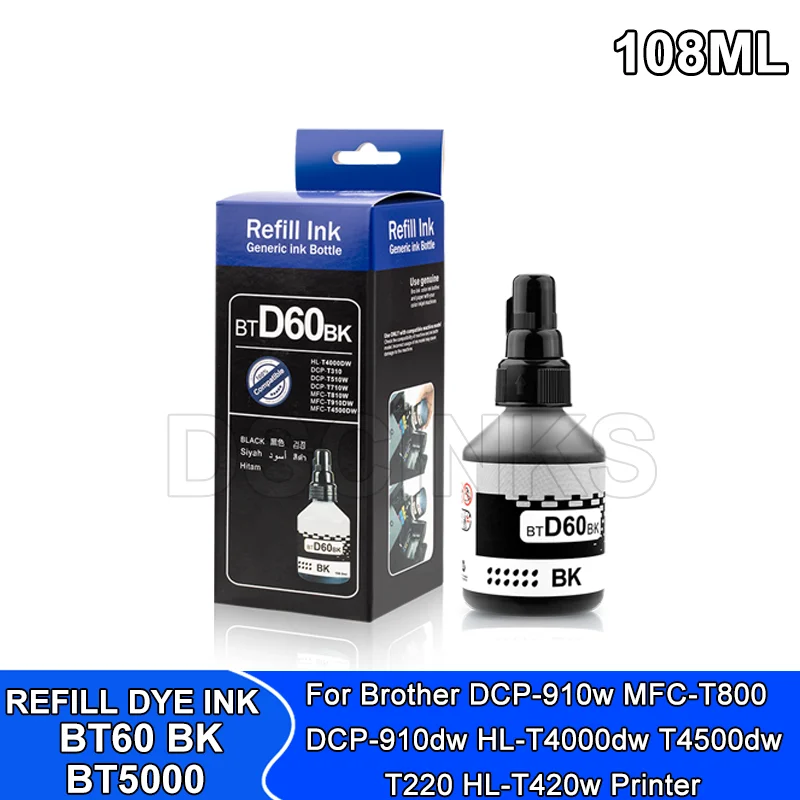 Refill Dye Ink For Brother DCP-T510W DCP-T710W MFC-T810W DCP-T310 MFC-T910W HL-T4000DW BTD60BK BT5000