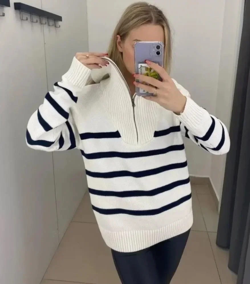 

Spring Autumn Sweater for Women Striped Knit Sweater Half Zip Pullover Long Sleeve Sweaters Short Coat Female Casual Clothing