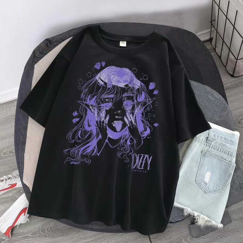 Kawaii női túlméretezett pólók Haruku zenei lány mintás crop póló gótikus rövid ujjú felső női póló fekete Ladies379_voghion.com
