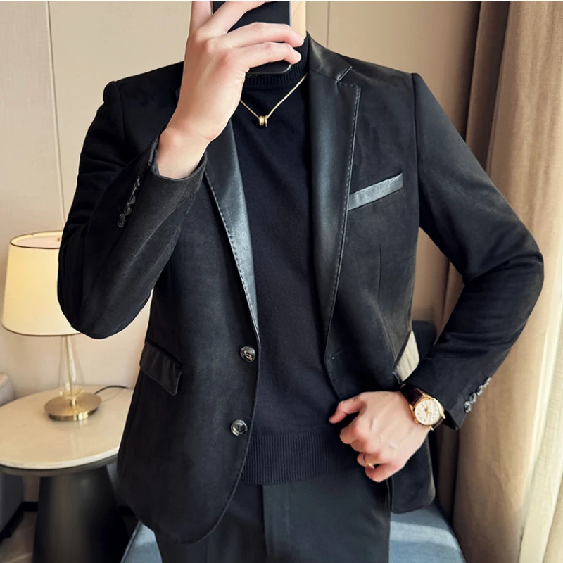 Suede Suit Jacket for Men Korean Fashion PU Splicing Casual Business Blazer Masculino Office Social Dress Coat Men Clothing