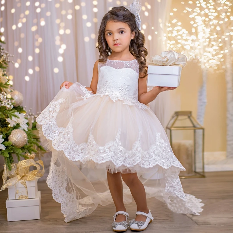 

Flower Girl Dresses Champagne Tulle Puffy Appliques Lace High-low Skirt With Bow Sleeveless For Wedding Birthday Banquet Gowns