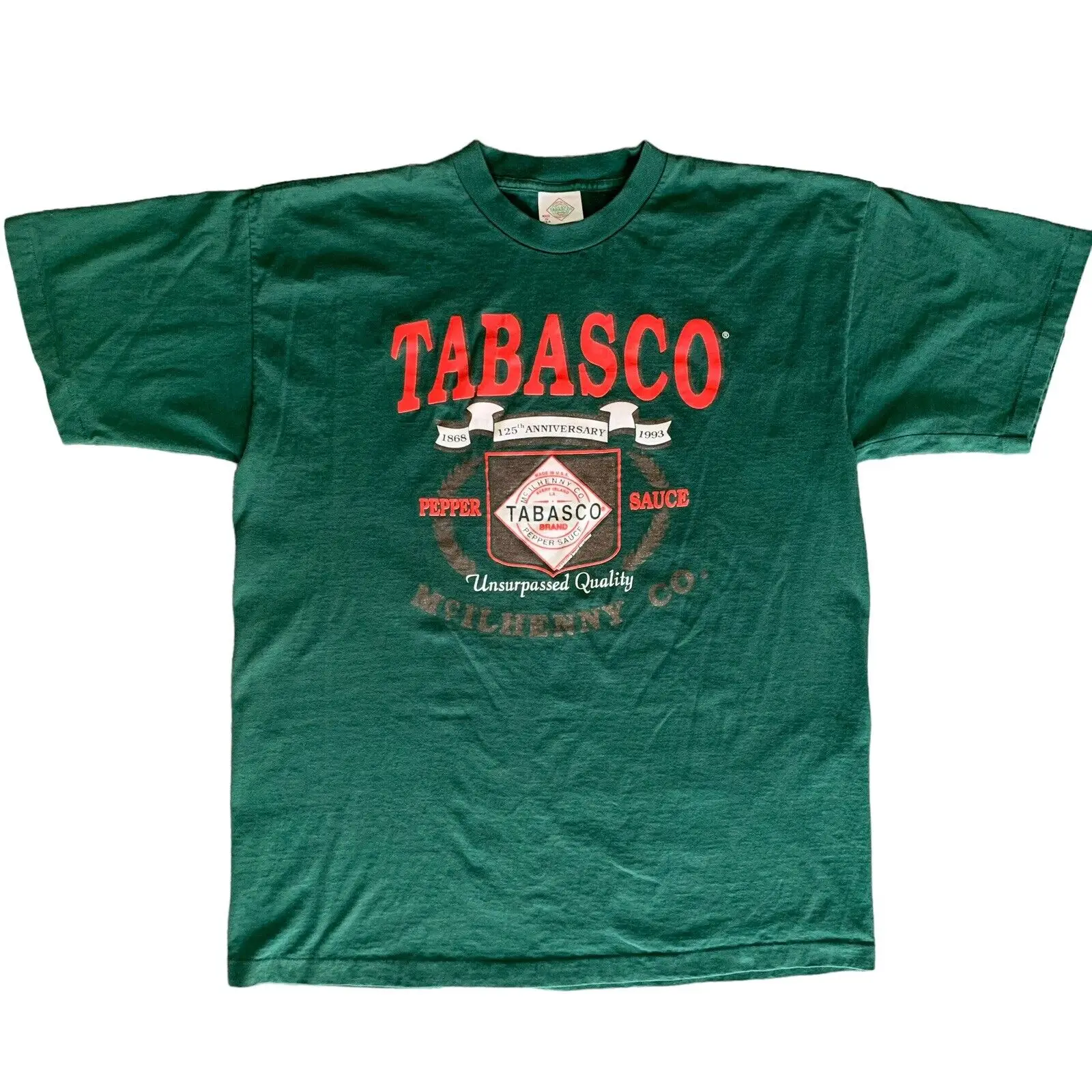 Vintage 1993 Taglia Xl Made In Usa Tabasco 125Th Anniversary Green Graphic T-Shirt