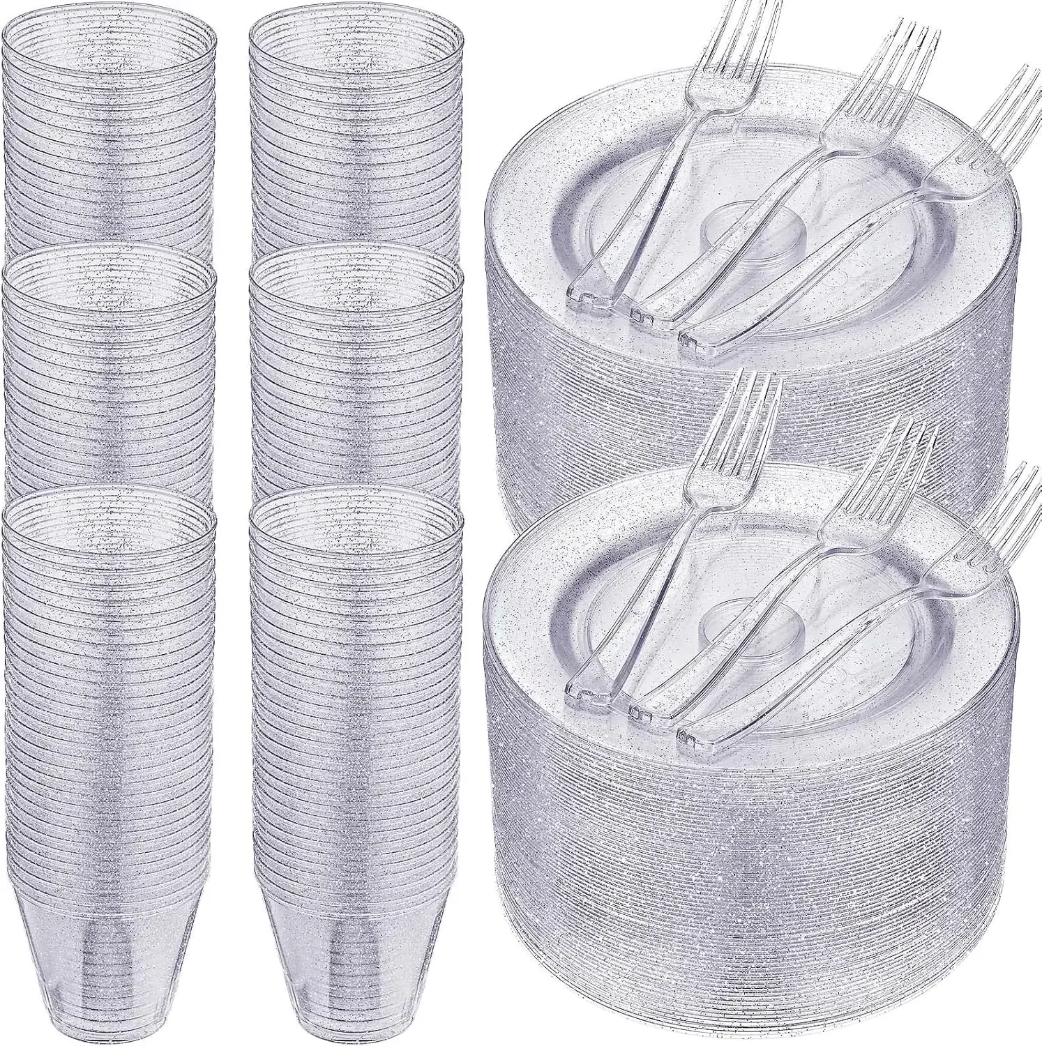 300 Pcs Plastic Dinnerware Set Disposable for Party, 100 Glitter Plastic Plates 7.5 Inch,100 Cup 9 Oz, 100 Dessert Forks