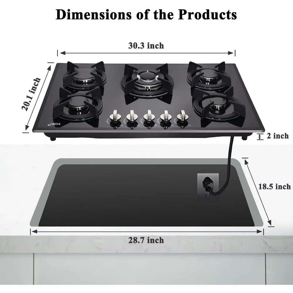 30 Cooktop gas, 5 Burners gas stovetop 30 inch,Gas Stove Gas Hob Stovetop Tempered Glass Cooktop Cast Iron Grates Built-in