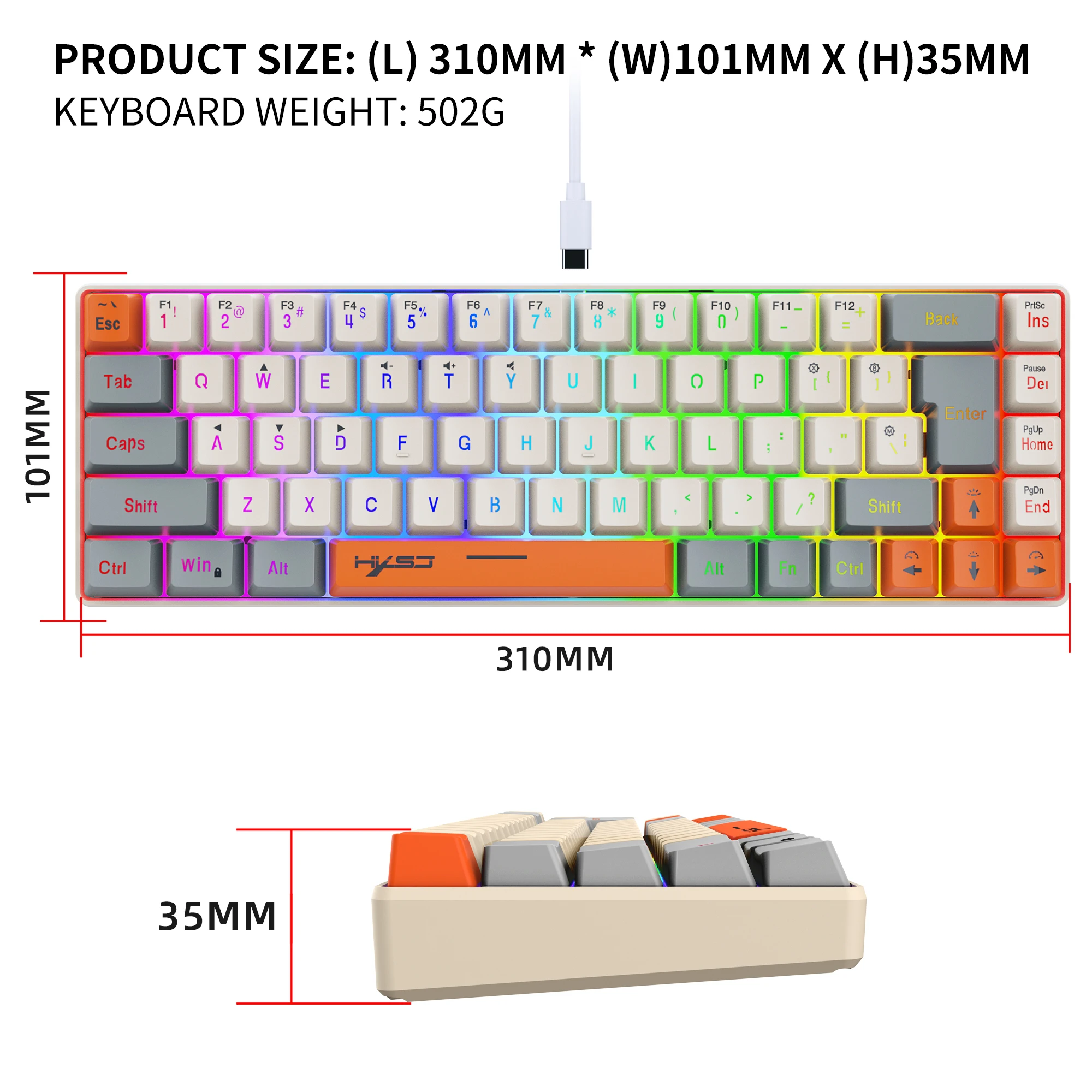 68 Keys Gaming Keyboard USB Wired Portable 20 RGB Backlight Keyboard 3 Colors Keycaps for Windows Laptops Computer view 6