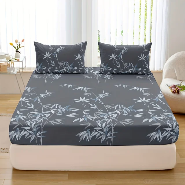 Set lenzuola con angoli con stampa foglie di bambù da 3 pezzi - Biancheria da letto morbida, traspirante, confortevole e ipoallergenica per camera da letto, stanza degli ospiti - 1 raccordo 3