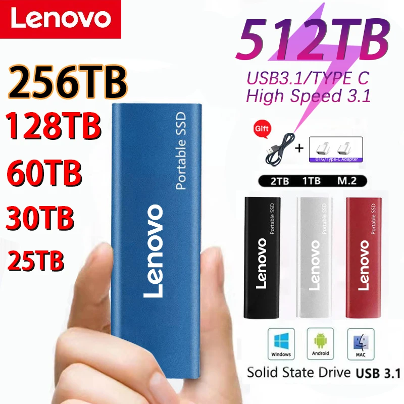 Портативный SSD-накопитель Lenovo Type-C, USB 3,1, 256 ТБ, 16 Тб