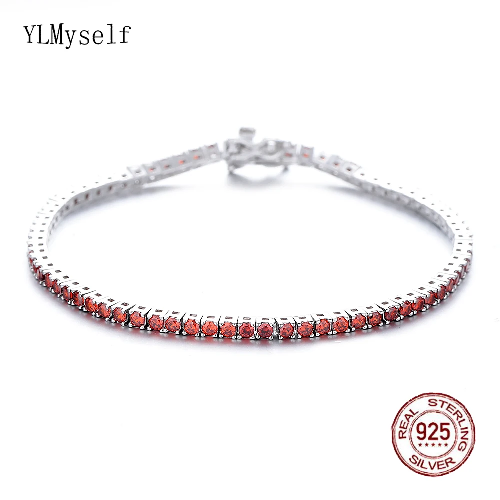

Real Silver Metal Tennis Bracelet Bling 2 mm Garnet Stone Cubic Zircon 925 Fine Jewelry Chain For Women