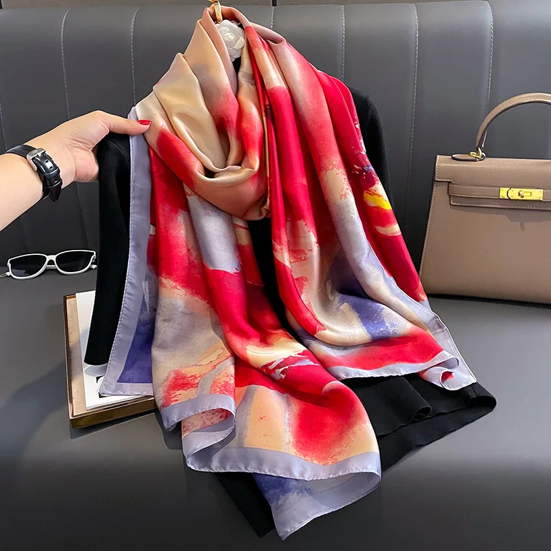 

Luxury Brand Women Silk Scarf Fashion The Four Seasons Scarves 180X90CM Satin Finish Warm Shawls 2024 Print Popular Design Hijab