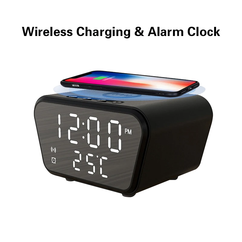 

Desktop alarm clock wireless charger date time temperature display multi-function fast wireless charging