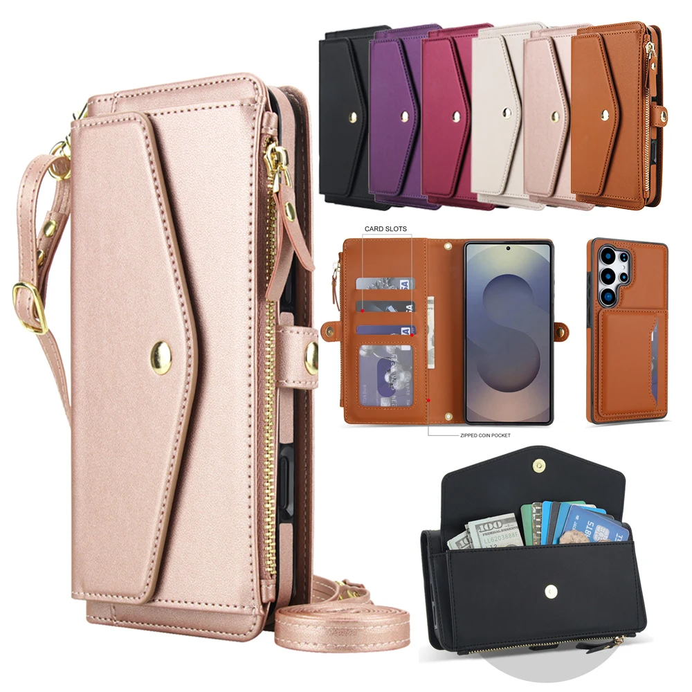 Premium 2-in-1 Lanyard Zipper Leather Wallet Phone Case and Purse Cover