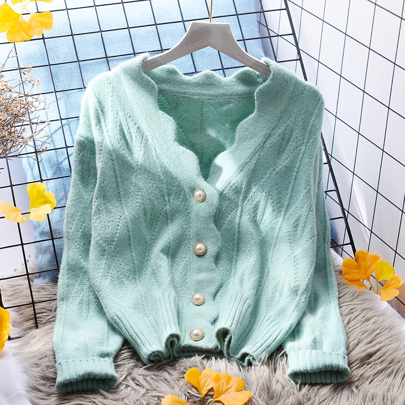 

Green Solid Knitted Women Sweater Cardigan Winter New V-Neck Button Long-Sleeved Elegant Office Lady Outwear Coats Tops