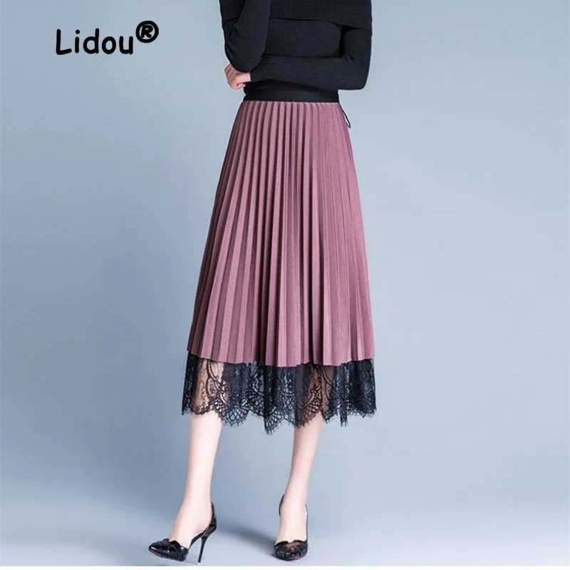 Half Length Skirt Women's Mesh Lace Patchwork Organ Fold Pleated Skirt Front and Back Wearing  Length Classic Lady Half  Skirt mini skirt white office lady fashion suits female palace luxury korean temperament shirt jacket pleated skirt of tall waist