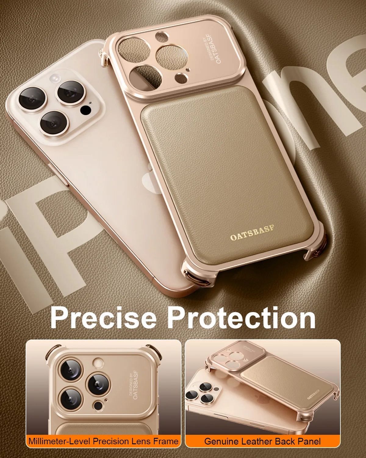 Premium Genuine Leather Shockproof Phone Case with Metal Frameless Design