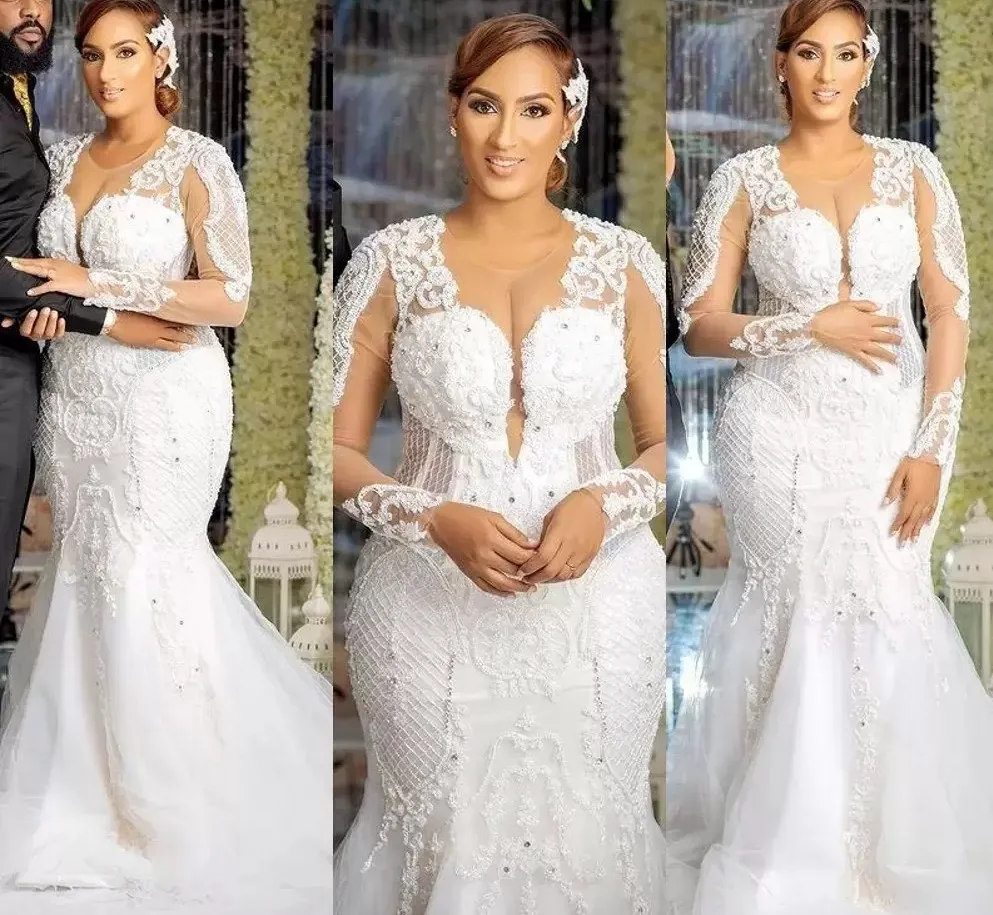 

Sexy Arabic Aso Ebi Mermaid Wedding Dress Lace Appliques Pearls Beading Long Sleeves Plus Size Bridal Gowns Robe De Mariee