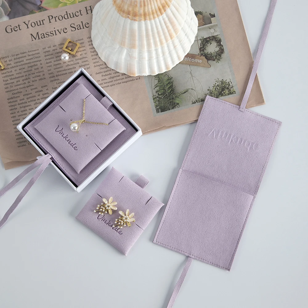 Custom Logo Jewellery Package Microfiber Suede Envelope Ribbon Pouch Jewelry Earrings Necklace Gift Bag with Insert Pad/Card