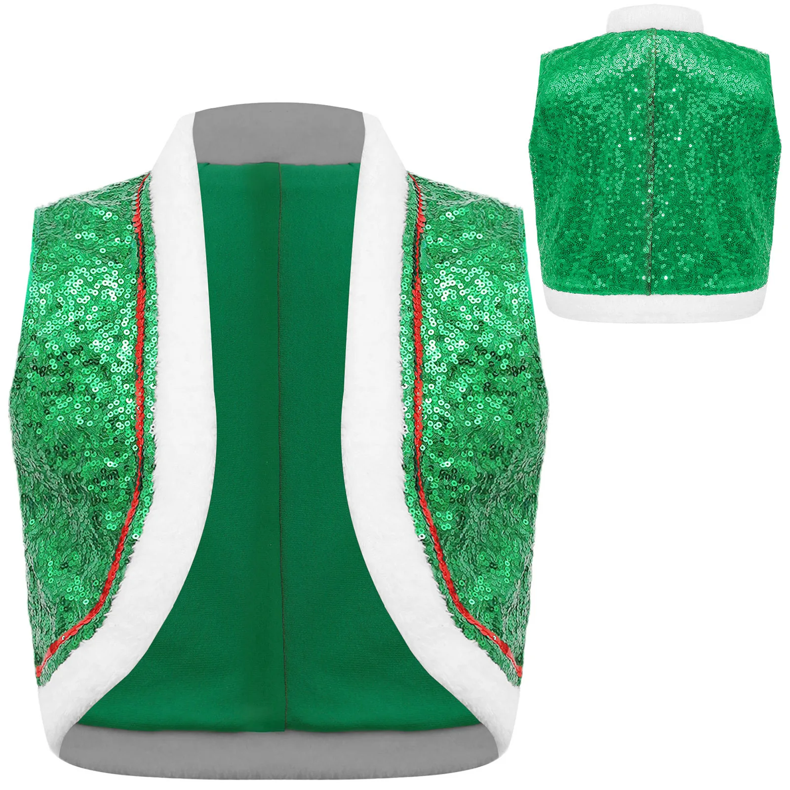 thumbnail image 1 of Chaleco de elfo de Papá Noel con lentejuelas brillantes para niños y niñas, chaleco con dobladillo de piel sintética para Cosplay, actuación de circo, disfraz de juego de rol navideño, 1 of 5