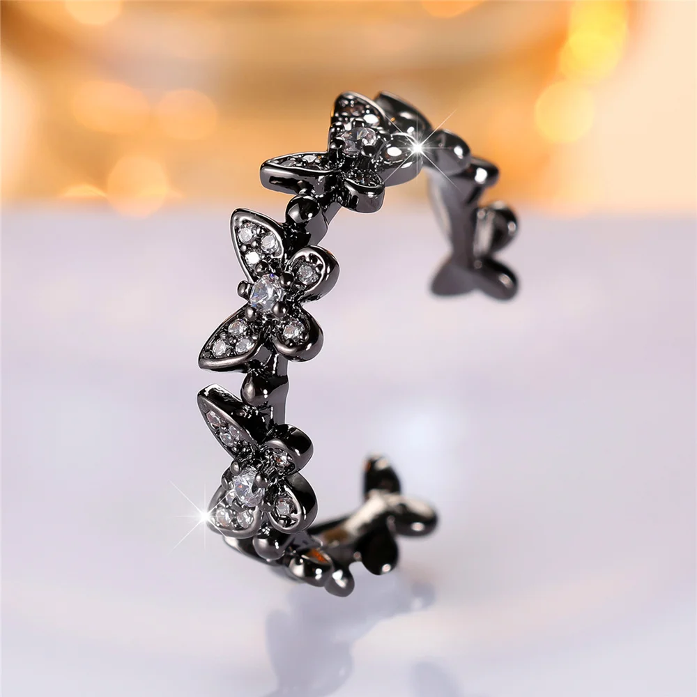 Charm Female Crystal White Butterfly Open Adjustable Ring Black Gold Color Vintage Zircon Stone Wedding Jewelry For Women