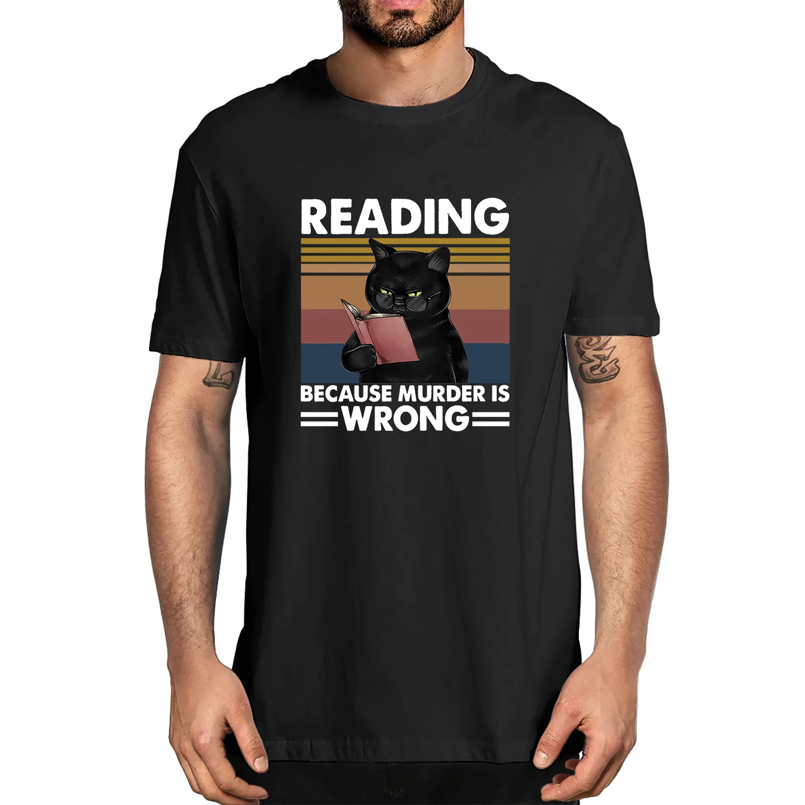 

Unisex Shirt Funny Black Cat Reading Because Murder Is Wrong Vintage Men's 100% Cotton T-Shirt Women Soft Tee Streetwear
