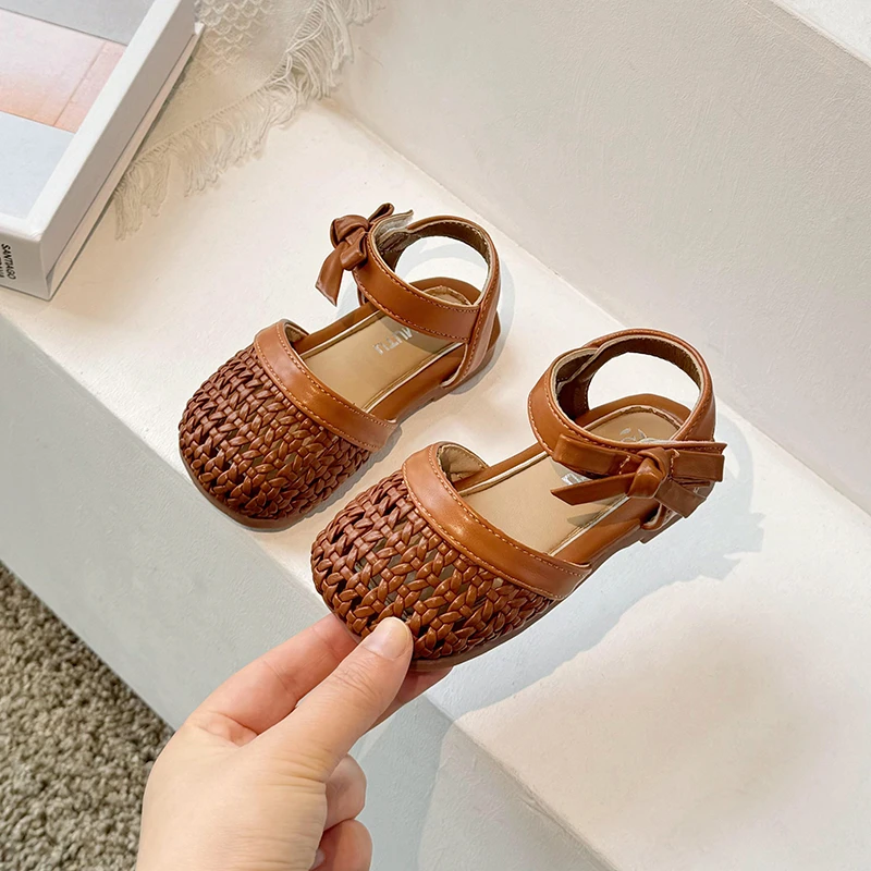 2024 Summer Baby Girls Woven Sandals Children Bow Princess Shoes Kids Barefoot Beach Shoes Soft Sole Anti Slip Infant Sandals 2