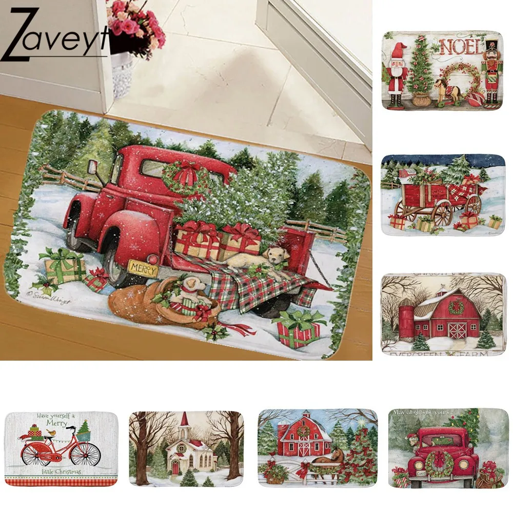 

Cartoon Car Santa Tree church Snow Landscape Red Christmas Doormat for Home Entrance Door mat New Year 2024 Xmas Party Bathroom