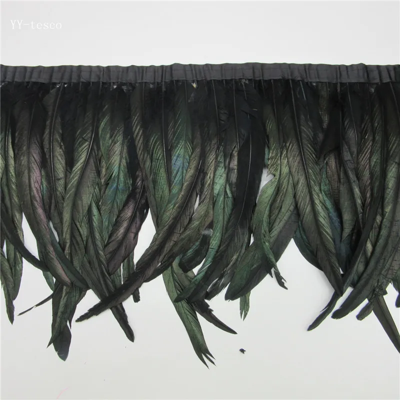 

wholesale 10 yards long black high quality natural rooster feather trims trimming with Satin Ribbon 30-35cm for women skirt