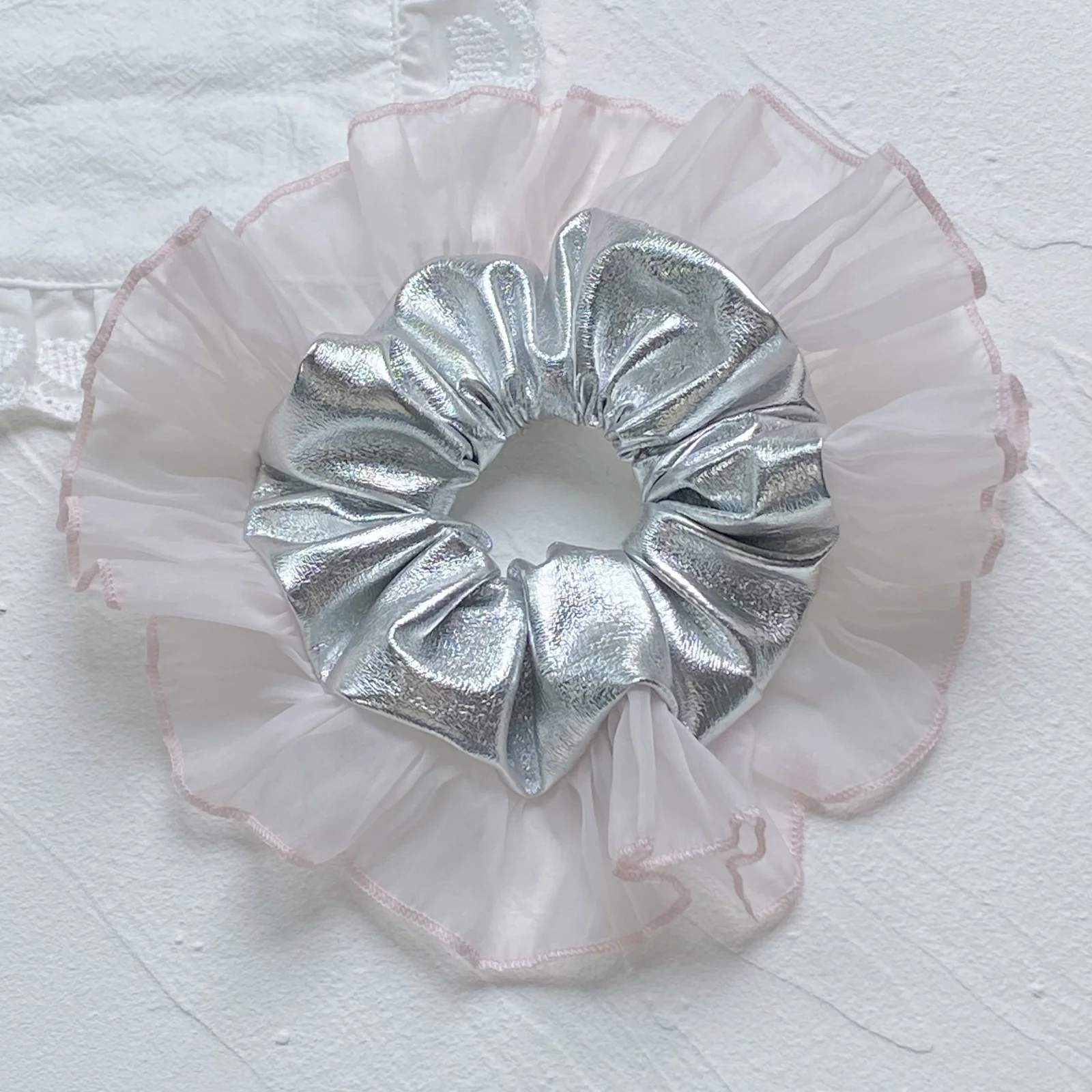 1PC  INS - Style Hair Scrunchies, Silver PU Leather With Pink Organza, Korean - Japanese Design, Chic Hair Bands