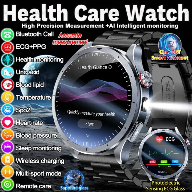 Nouvelle Montre Connectée Santé 2026 avec Thérapie Laser 650nm, ECG, Acide Urique, Tension Artérielle, Lipides et Appel Bluetooth pour Android et iOS 1